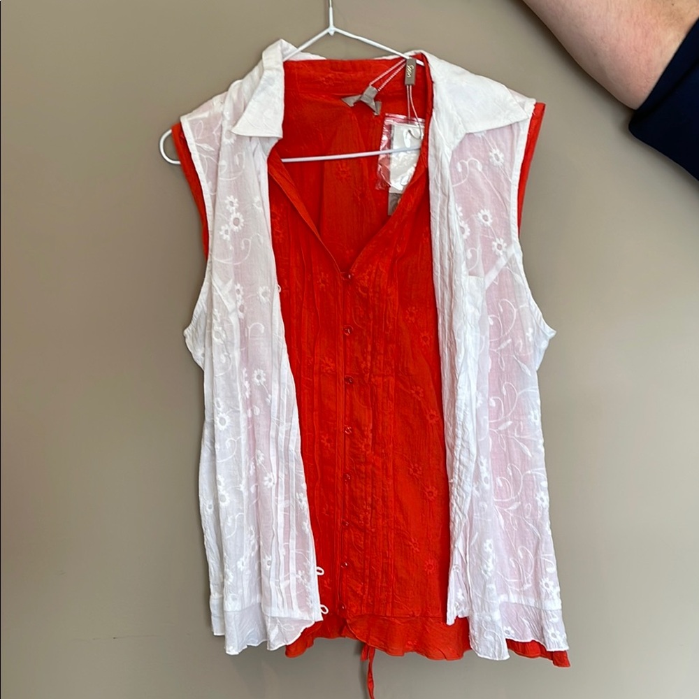 Women's Red and White Sleeveless Top